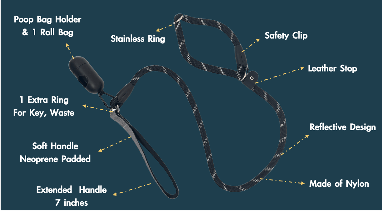 Reflective Rope Slip Leash with Poop Bag Holder & Neoprene Padded Handle HedeliE Reflective Rope Slip Leash with Poop Bag Holder & Neoprene Padded Handle HedeliE